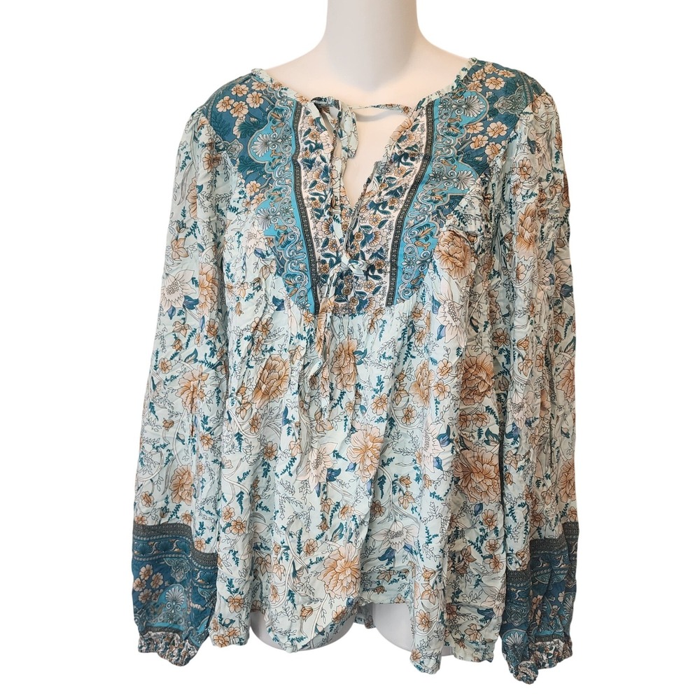Floral Blouse Women Medium Teal Boho Paisley Peasant Boho Festival Hippie NWOT